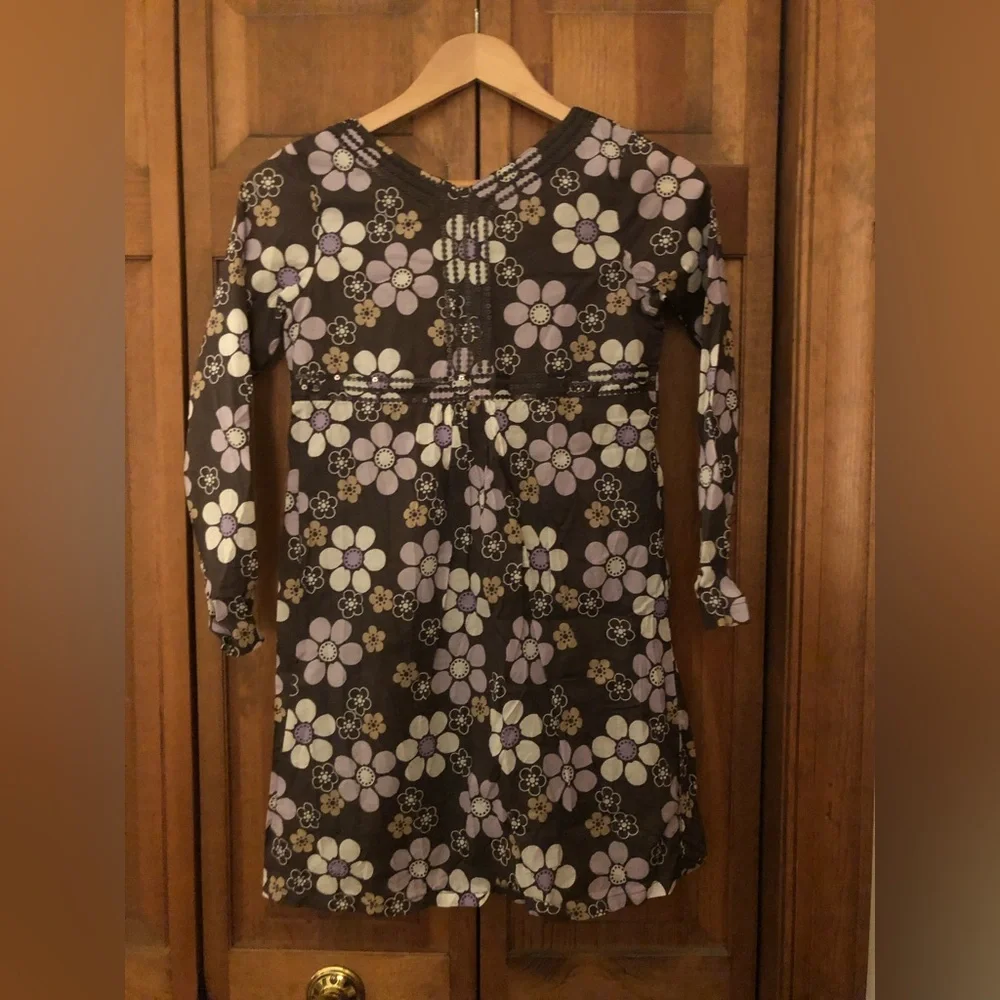 Gymboree Girl’s Sz 12 Brown Purple White Long Sleeve Floral Cotton Spring Dress